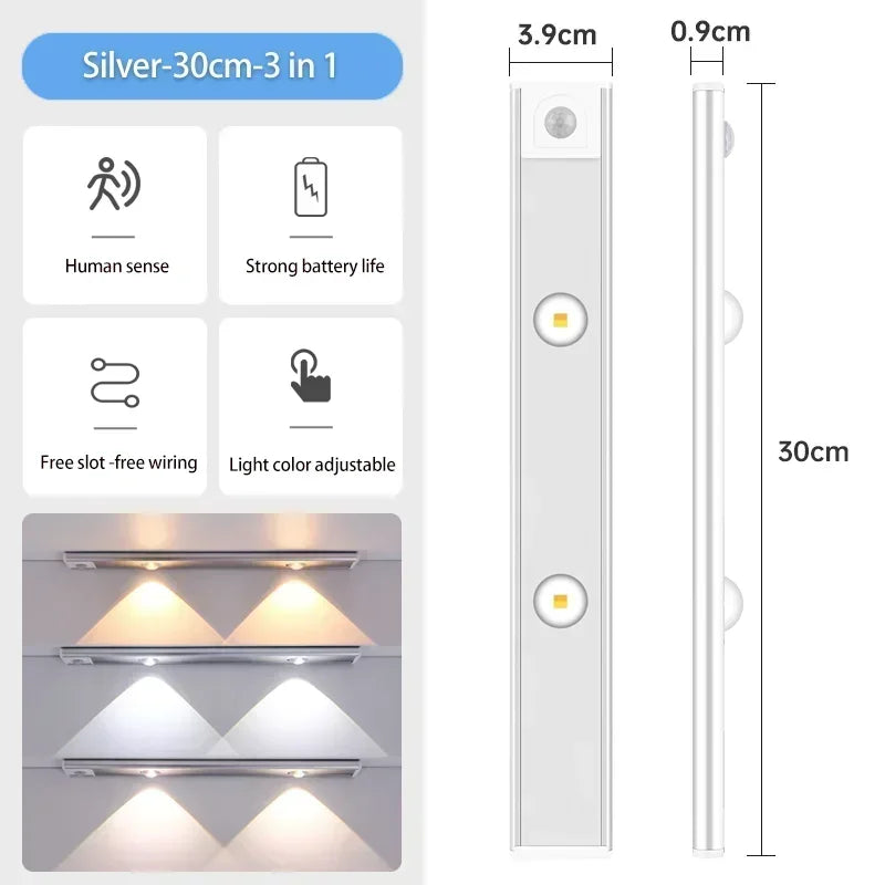 3 in 1 Under Cabinet Lights Wireless Lamp with Motion Sensor Night Lights for Kitchen Bedroom Wardrobe Closet Desk 20/30/40/50CM
