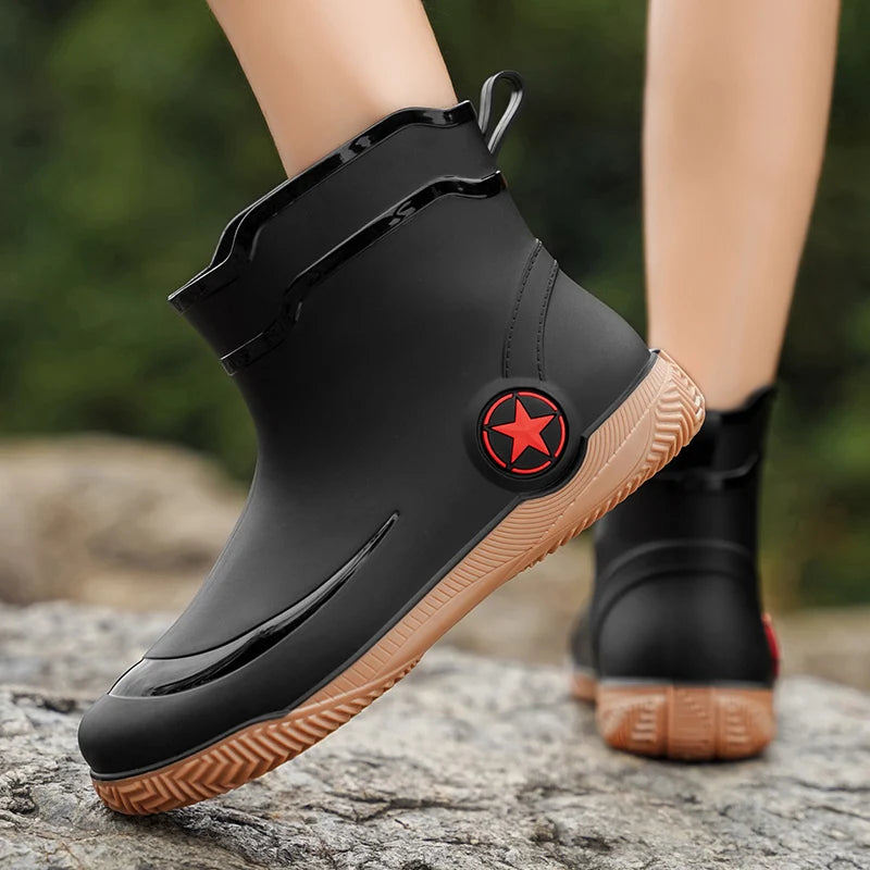 Men's High Top Casual Rain Boots Four Seasons Waterproof Non-Slip Fashion Outdoor Wading Fishing Water Shoes Walking Rain Shoes