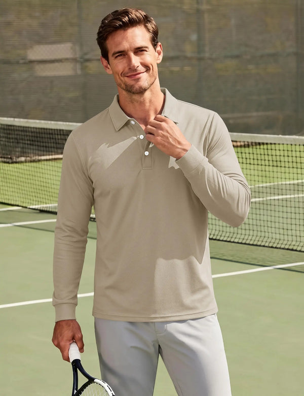TACVASEN Men's Long Sleeve Quick-Dry Polyester Mesh Polo, Stretch Golf Top with 3-Button Color-Block Placket for Outdoor Sports