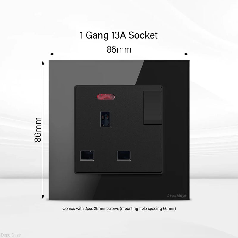 UK Black USB Type-C 18W Fast Charging Socket Universal Tempered Glass  Double 5-pin Power Plug,Home Electrical Wall Light Switch