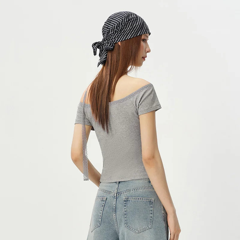 Semir Women Tshirt Lace One Shoulder Print Slim Cropped Top 2026 Summer Trendy