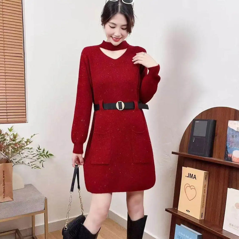 Red Knitted Primer Dress for Women's Autumn Winter French Retro Slim Inner Medium Long Sweater Thicken Warm Pullover Dresses