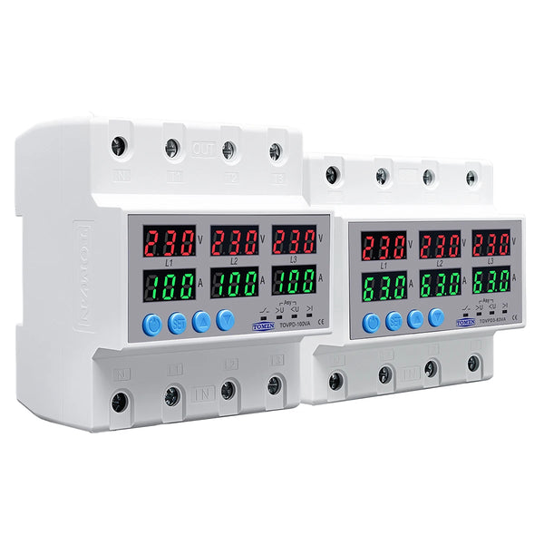 TOMZN Three Phase 4 Wires 3P+N 63A 100A Adjustable Ampere Protector Self Recovery Auto Reconnect Voltage Protection Relay