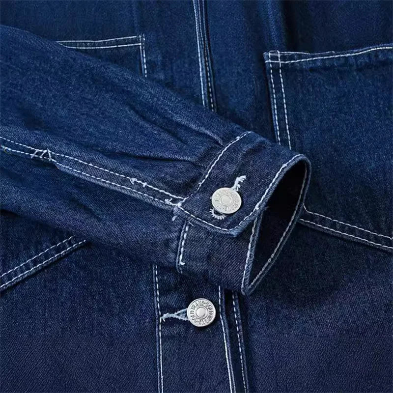 2026 Women's Blue Denim Jacket, Single Breasted Lapel Long Sleeve Coat, Pocket Decoration Casual Top Coats.