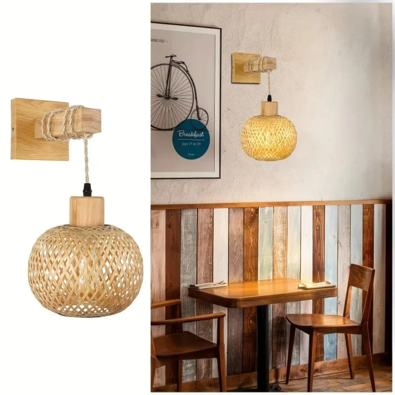 Plug-In Wall Sconce, Handcrafted Bamboo Rattan Light, Rustic Farmhouse Boho Wall Lamp for Bedroom Living Room Commercial