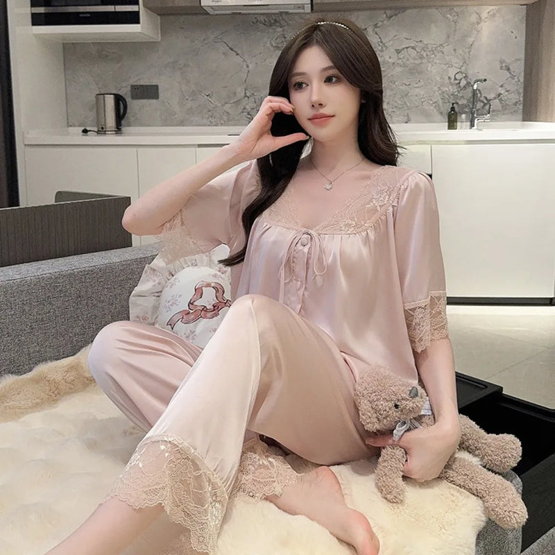 Silk Pajama Set Short Sleeve Long Pants 2 Piece Loungewear Home Clothes Sleepwear Pijama Summer Suit Loungewear Set for Women