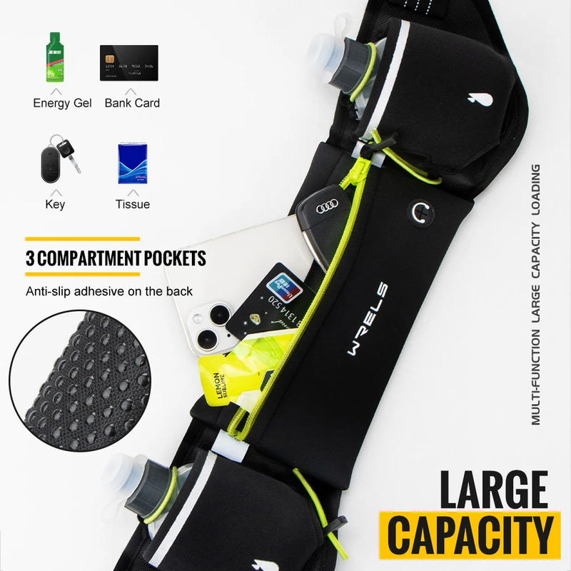 WRELS Outdoor Sports Running Waterproof Utralthin Waist Bag Runner Belt Hydration Running Belt with Water Bottle Running Pack