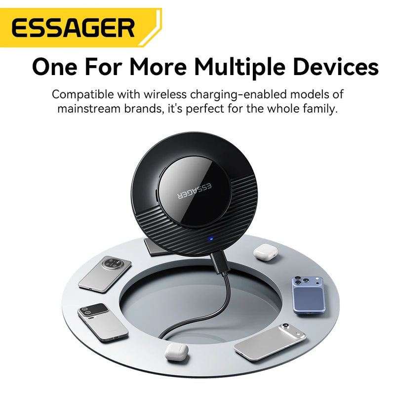 ឆ្នាំងសាកឥតខ្សែ Essager 15W ម៉ាញេទិក បន្ទះសាកថ្មលឿន សម្រាប់ iPhone 17 16 15 Pro កាសស្តាប់ត្រចៀក Huawei Samsung Xiaomi ទូរស័ព្ទ Android