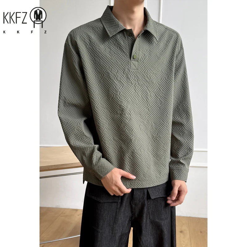Male Trendy Textured Polo Shirt Lapel Collar Half Button Cropped Silhouette For Short Trip Social Gathering And Street Wear