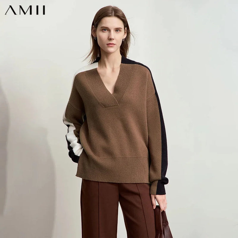AMII Minimalist Women's Contrast Color Spliced Sweater 2026 Winter V-neck Drop Cuff Sesame Bottom Jacquard Loose Tops 12444122