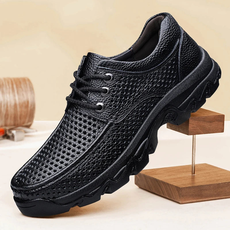 Men Hollow Genuine Leather Shoes Sturdy Thick Hard Rubber Outsole Breathable Work Shoes Non‑Slip Outdoor Walking Plus Size