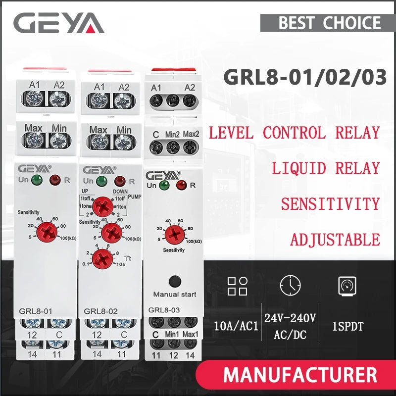 GEYA GRL8 Liquid Level Control Relay Electronic Liquid Level Controller 10A  AC/DC24V-240V Water Level Relay