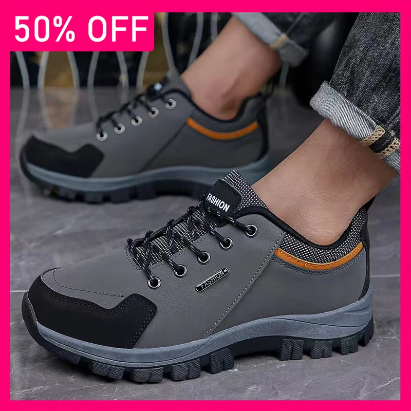 Mens Hiking Shoes New Durable Premium Leather Low-Top Lace-Up Anti-Slip Rubber Sole Versatile Outdoor Hiking Casual Sports Shoes