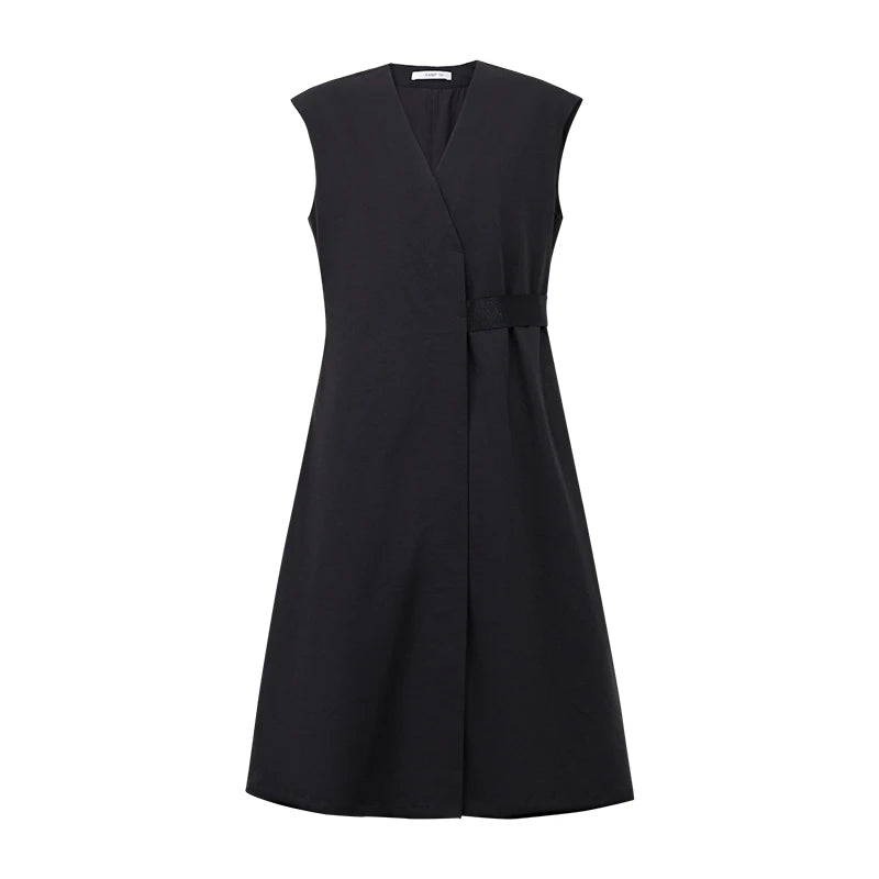Amii Women's Summer Dress 2026 New Solid Color Loose Simple Elegant Office V-Neck A-Line Midi Women's Casual Dresses 12652058