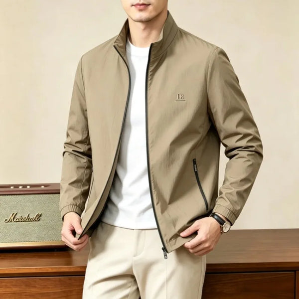 Men's Stand Collar Full Zip Jacket – Lightweight Casual Business Windbreaker with Zipper Pockets, Old Money Style