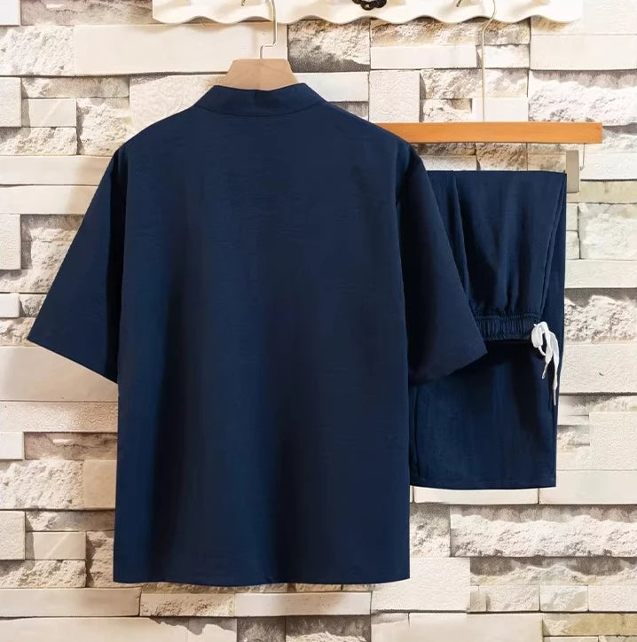 Chinese-style Men's Blue Two-piece Set: A Summer Short-sleeve Pullover Shirt Paired with Knee-length Shorts, Asian Sizes M-4XL.