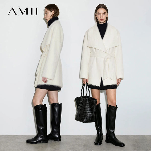 Amii Wool Silk Blend Coat Lapel Collar Belted Oversized Relaxed Fit Warm Minimalist Commuter Winter Women's Outerwear 12644031