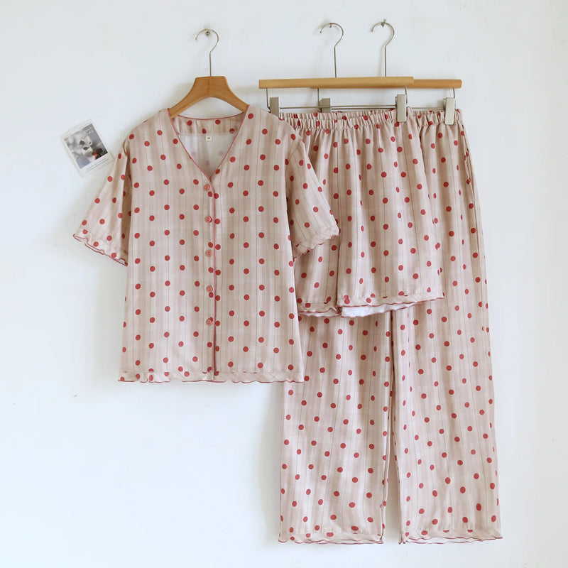 Floral Pajama Set Woman New Summer V-neck Short Sleeve Sleepwear Women's Cotton Home Wear Thin Casual 3 Piece Loungewear Suit