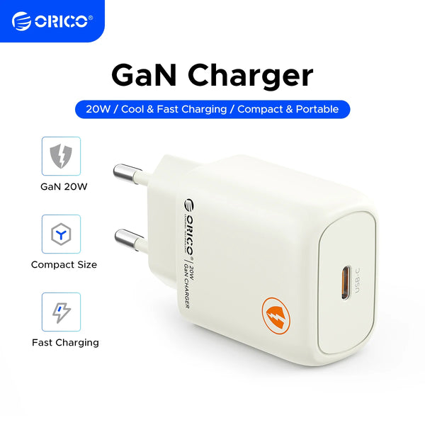 ORICO GaN 20W Charger PD Fast USB Type C Mini Charging USB C PD3.0 QC3.0 Quick Charging For iPhone 16 15 14 Mobile Phone Charger