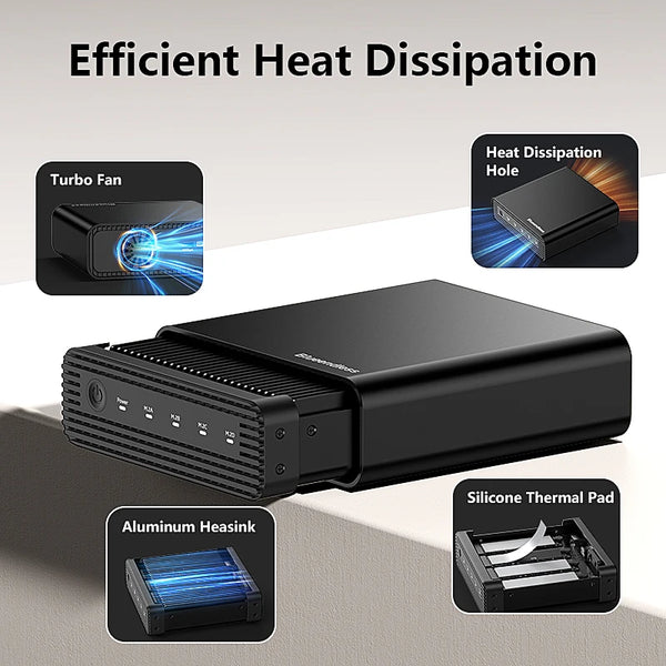 ប្រអប់ ដាក់ SSD ខាងក្រៅ ប្រភេទ PCIe NVME អាលុយមីញ៉ូម M2 4-Bay ប្រភេទ USB C 3.2 Gen2 10Gbps ទៅ Nvme Adapter ប្រភេទ SSD ជាមួយ កង្ហារ ត្រជាក់