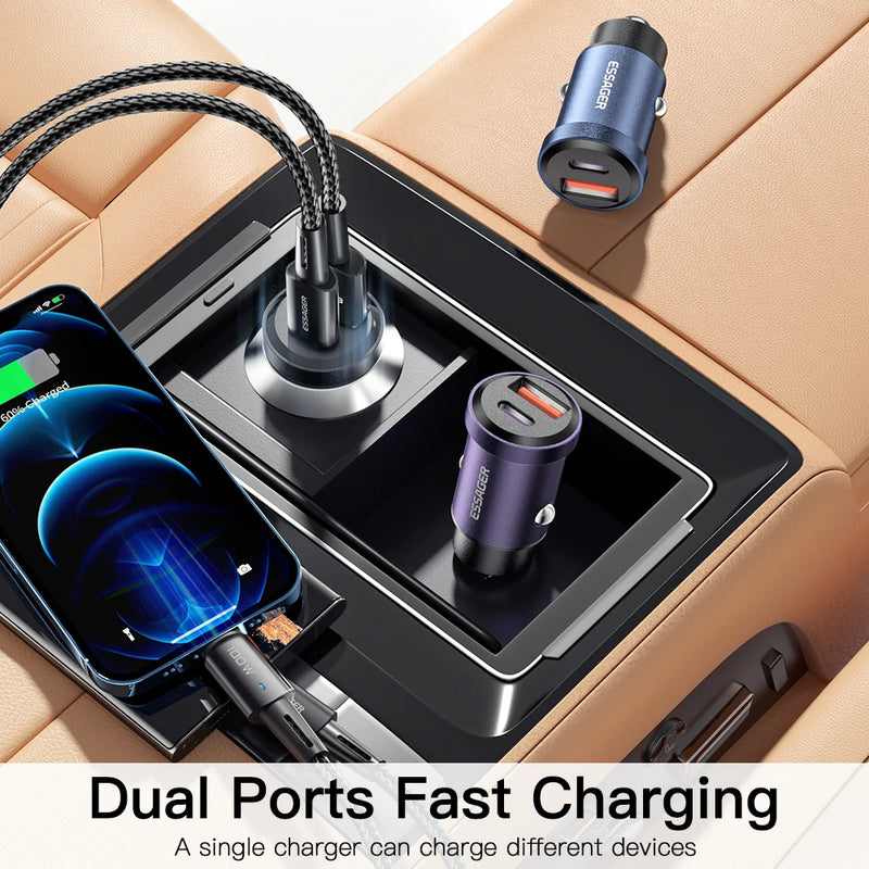 ឆ្នាំងសាករថយន្ត Essager 30W USB Quick Charge 4.0 QC PD 3.0 SCP 5A USB Type C សាកថ្មរថយន្តលឿនសម្រាប់ iPhone 14 13 Huawei Samsung Xiaomi