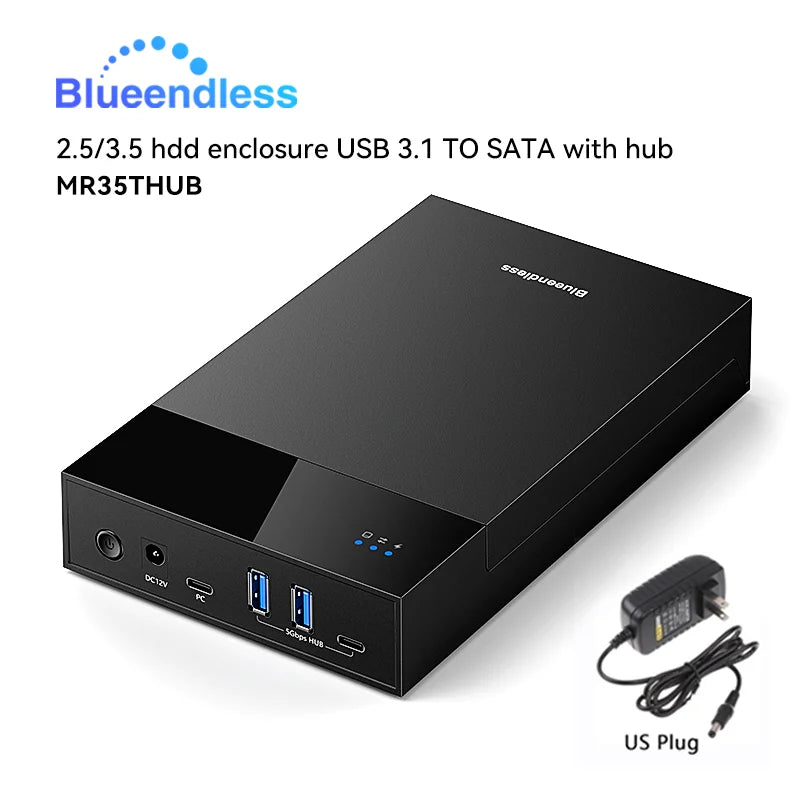 ប្រអប់ Blueendless 2.5/3.5 HDD/SSD ជាមួយ USB3.0 HUB គាំទ្រអាដាប់ទ័រ 18TB ប្រភេទ C ទៅ SATA ប្រអប់ HDD ឥតគិតថ្លៃជាមួយអាដាប់ទ័រថាមពល 12V