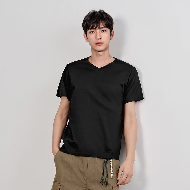 Semir Men T Shirts 2026 Summer New Basic Solid V Neck 3A Antibacterial Comfortable Casual Tops