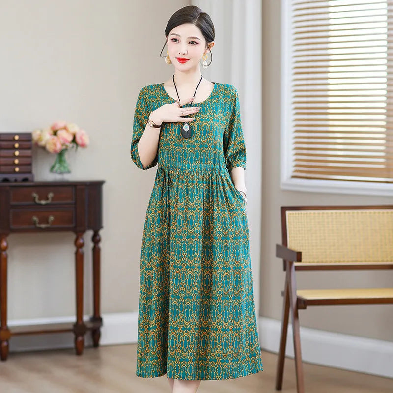 XL-5XL អាវយឺតកប្បាសសម្រាប់ម្តាយវ័យកណ្តាល រចនាបថថ្មី រ៉ូបសម្រាប់គេងរដូវក្តៅសម្រាប់ស្ត្រី រ៉ូបគេងរលុង