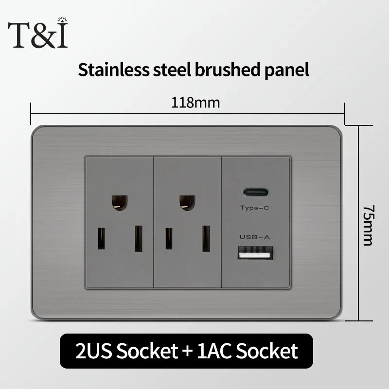 T&I 118 Premium Stainless Steel Brushed Wall Socket with USB Type - C, US Switch, Thai Plug for Home & Office Use