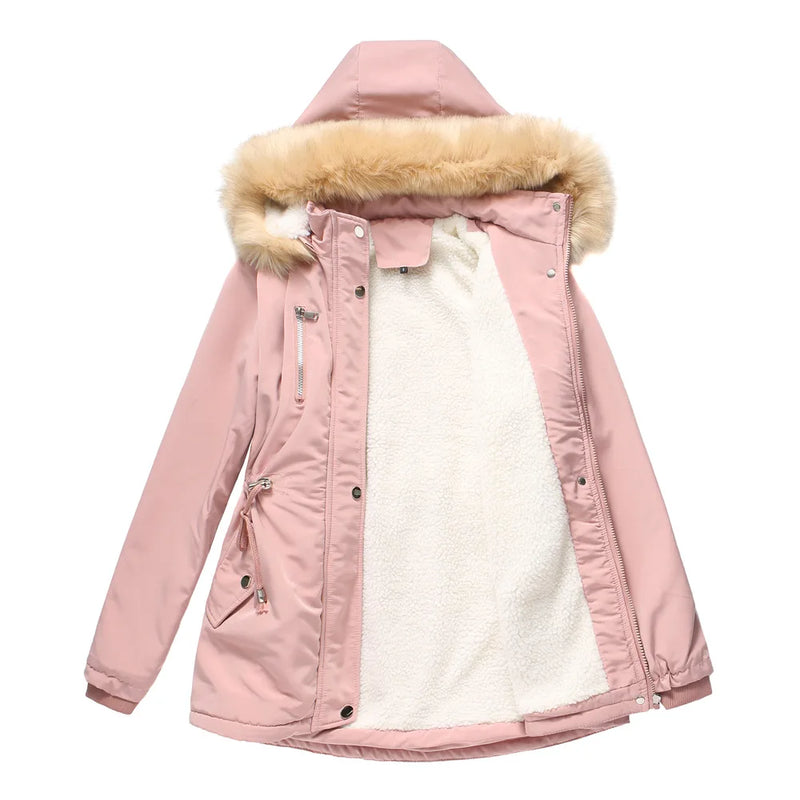 Winter New Arrival Women's Dark Brown Hooded Mid-Length Coat, Stylish and Warm Thick Jacket. Khaki, Black, Blue, Pink Parkas.