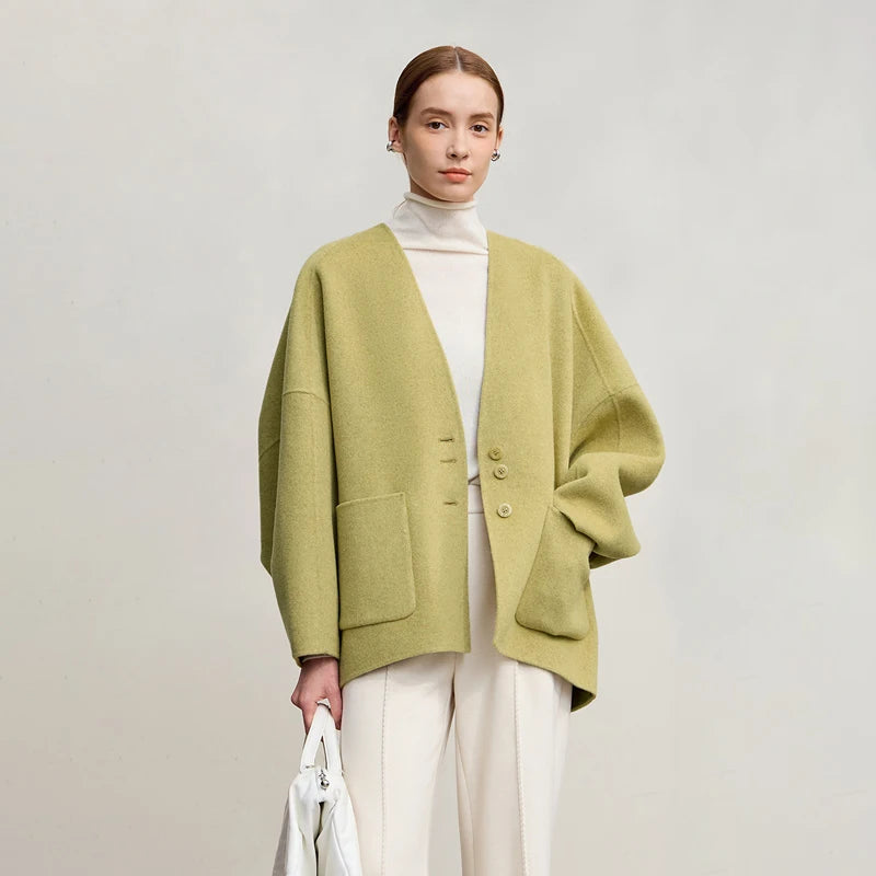 Amii Women's Coat 2026 Winter New Modern V-neck Wool Double-sided Long Sleeves Outerwear O-shaped Loose Woolen Jacket 12544106