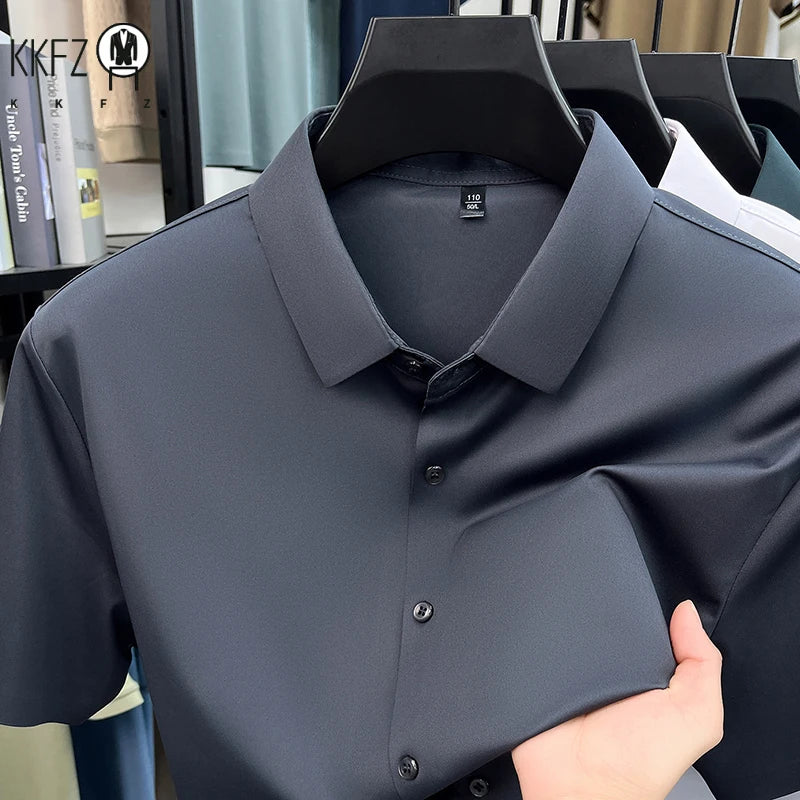 Men Summer Casual Short Sleeve Button Up Shirt Ice Silk Breathable Wrinkle Free Business Formal Shirt