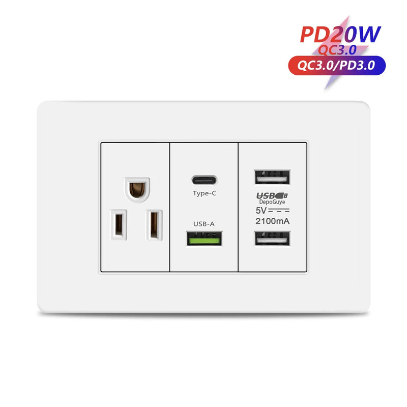Italy Chile Mexico USB Smart Type-c 20W Fast Charging Wall Outlet plug,Brazil Electric Light Switch Panel Universal usb c Socket