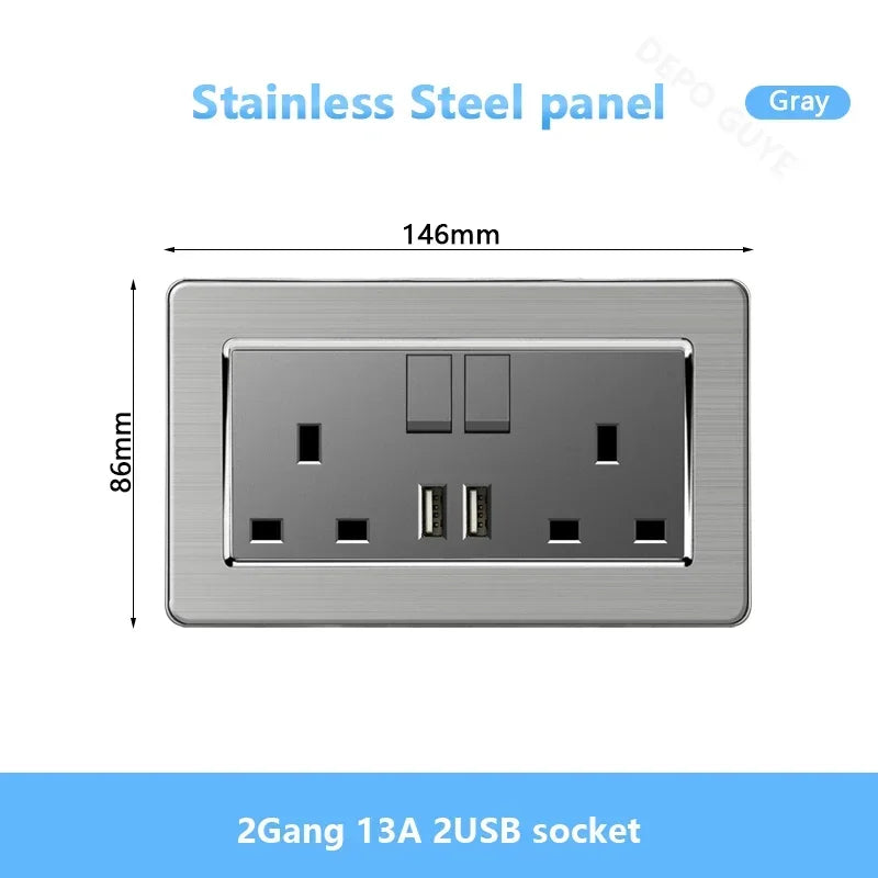 Universal Wall Light Switch Brushed Stainless steel Panel,UK Type-c 18W Quick Charging Socket 220V Double USB Electrical Outlet
