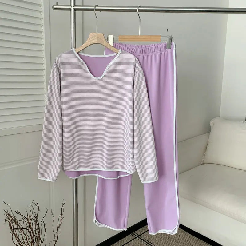 Pijama Feminino Thicken Fleece Long Sleeve Top Pant Set Fashion Striped Sleepwear Women's Pajamas Autumn Winter Home Clothes