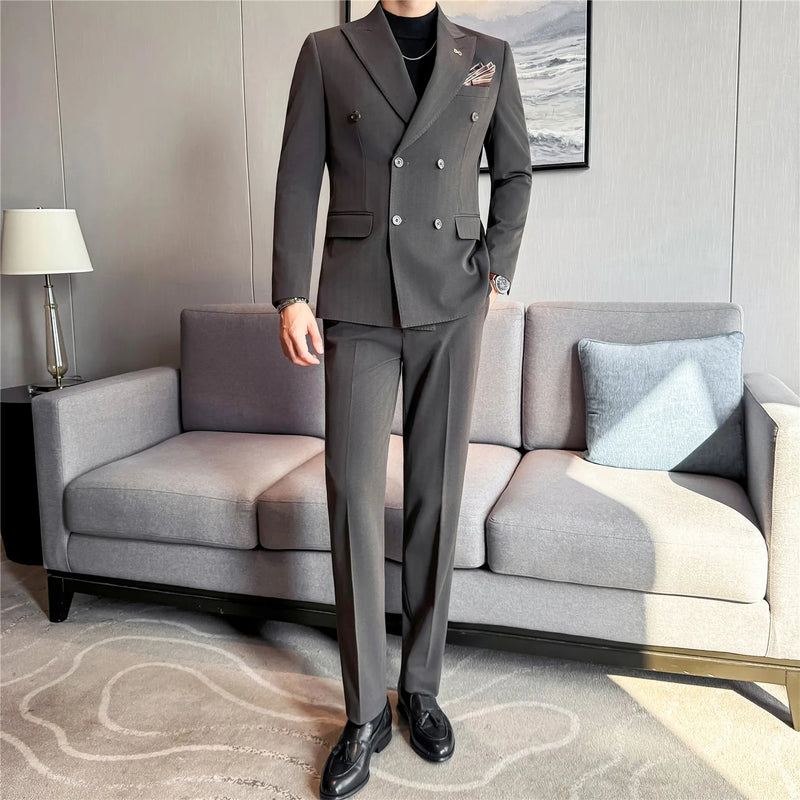 Men's Dark Stripe Double-Breasted Suit Set (Jacket + Pants), Premium Two-Piece Formal Wear, Wedding Suit Business Formal