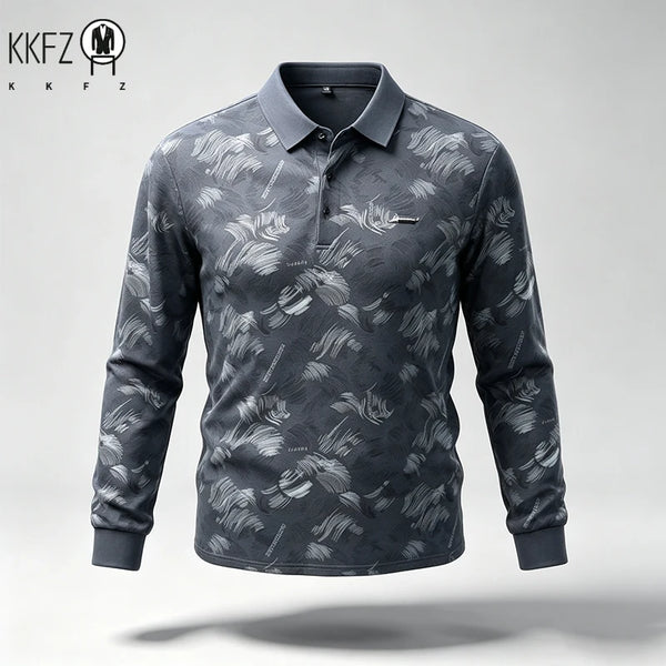 Mens Turn Collar Polo Long Sleeve Tops Premium Printed Material Button Closure Small Logo Decoration Male Clothing