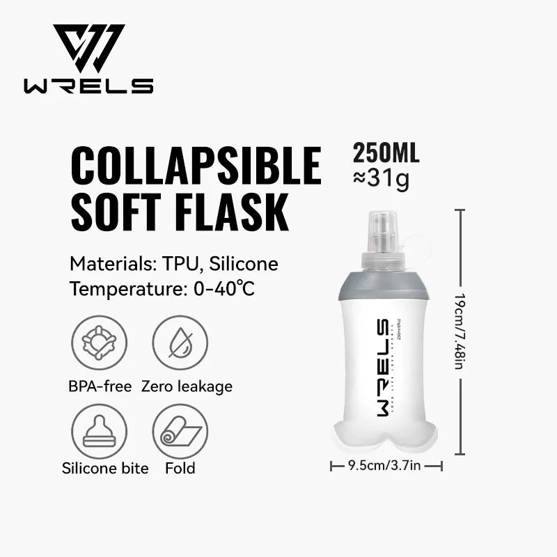 WRELS Soft Flask BPA Free TPU Collapsible Water Bottle Lightweight Foldable Hydration Bottle Wide Mouth Running Squeeze Bottle