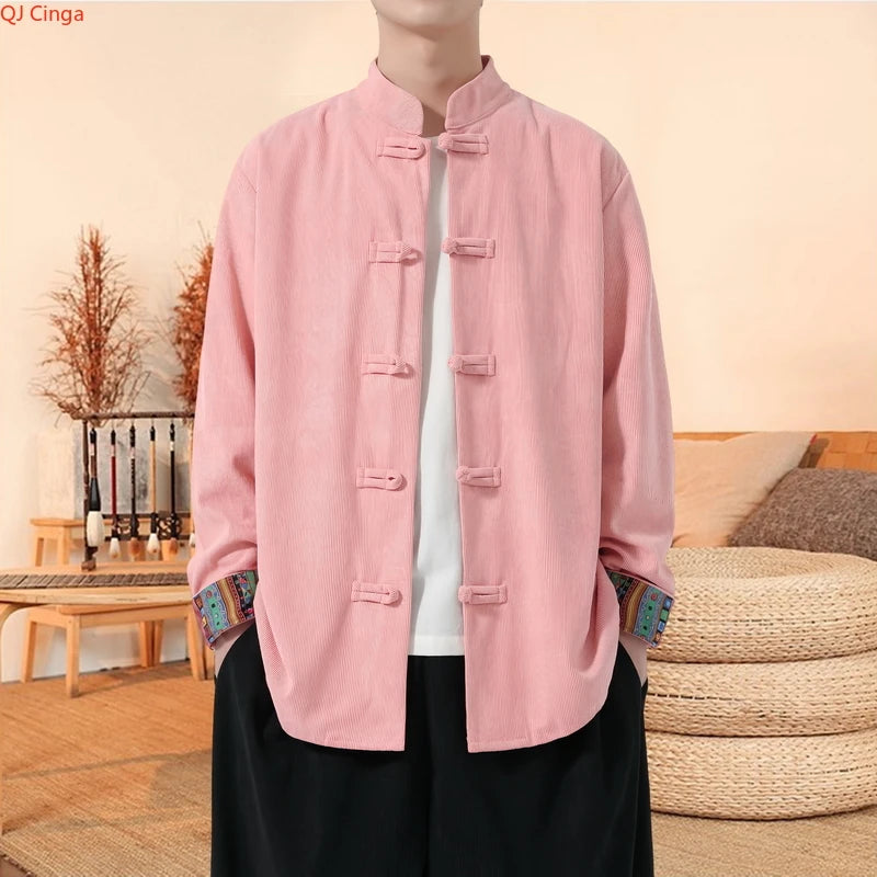 Retro-style Men's Black Long-sleeve Jacket with Chinese Dragon Motif, Single-breasted Stand-up Collar Coat.pink,Red,Apricot Top.