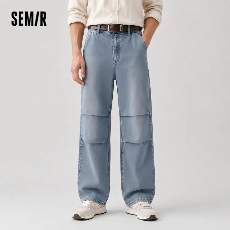 Semir Men Jeans Pleated 2026 Loose Fit Straight Lightweight Washed Urban Casual Everyday Style Soft Comfortable Daily Wear