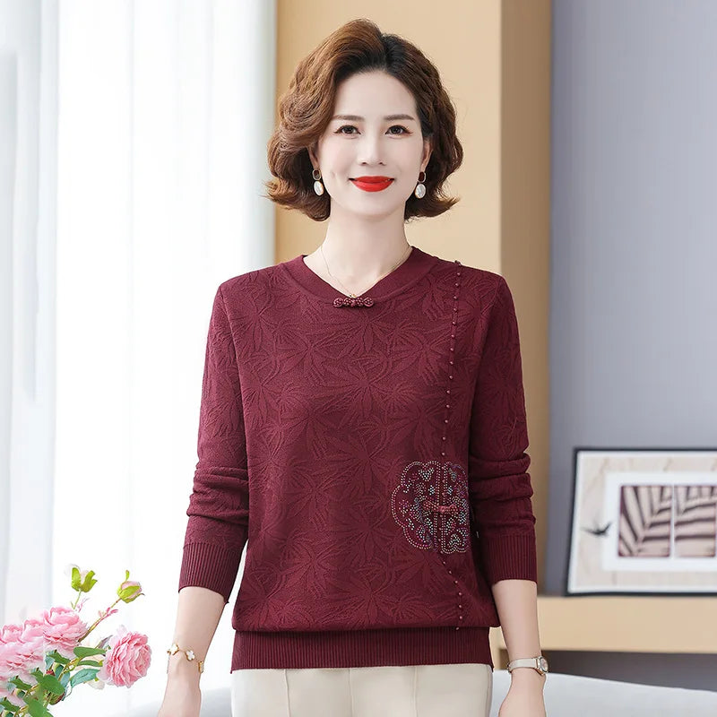 Sweater Women Trends 2025 Vintage Print Middle Aged Mother Pullover Tops Spring Autumn Woolen Jumper Knitwear Female Clothing