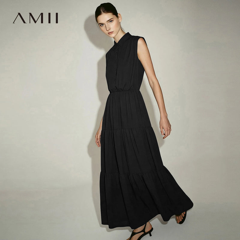 Amii Sleeveless Dress For Women 2026 Summer New Lapel Collar Waist Cinched A-Line Loose Midi Women's Casual Dresses 12642145