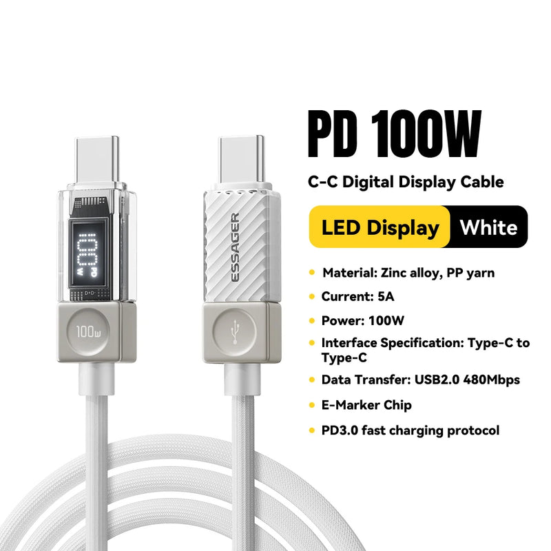Essager 240W Type C to Type C Cable PD3.1 Digital Display Fast Charging USB C Cable for Macbook iPhone 17 16 15 Samsung Xiaomi