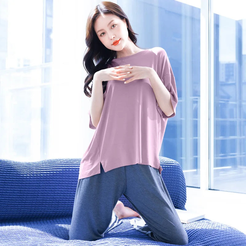 Elegant Women's Modal Pajamas Set Soft Summer Short Sleeves Pant Suit Loungewear Pijamas Female Nightwear Home Clothing