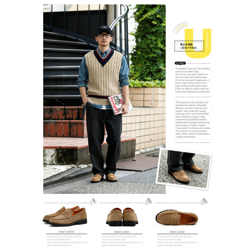 Maden Men's Vintage Brown Suede Cowhide Leather Penny Loafers Old Money Style Slip-On Shoes Dress Casual Low Top Boots for Fall