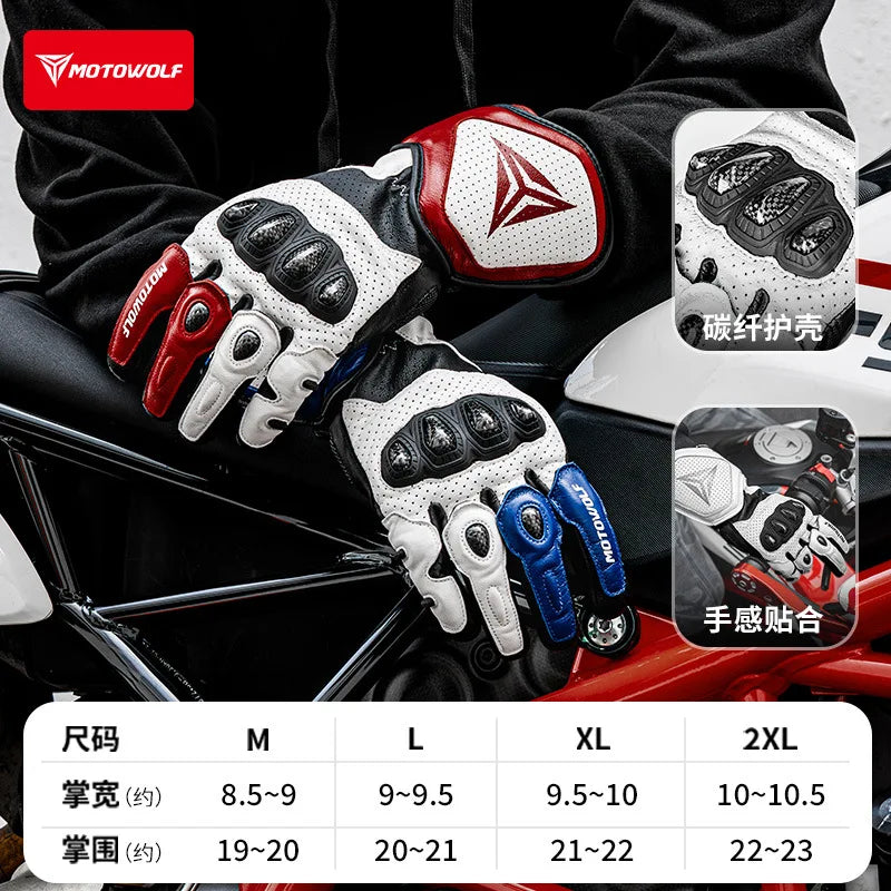 ស្រោមដៃម៉ូតូ MOTOWOLF ធ្វើពីស្បែកពិតប្រឆាំងនឹងការធ្លាក់ ស្រោមដៃ Carbon Fbre Four Seasons Track Knight ស្រោមដៃម៉ូតូប្រកួតប្រជែង
