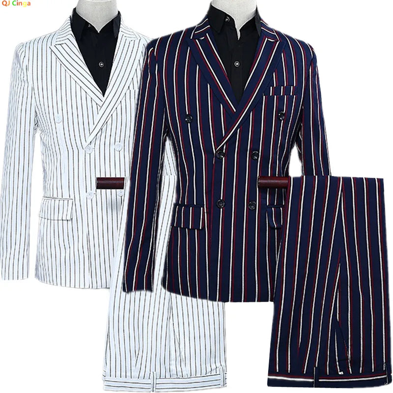 Navy Blue Mens Double-breasted Suit Two-piece Set, White Vertical Striped Jacket Paired with Matching Trousers, Asian Size S-XXL
