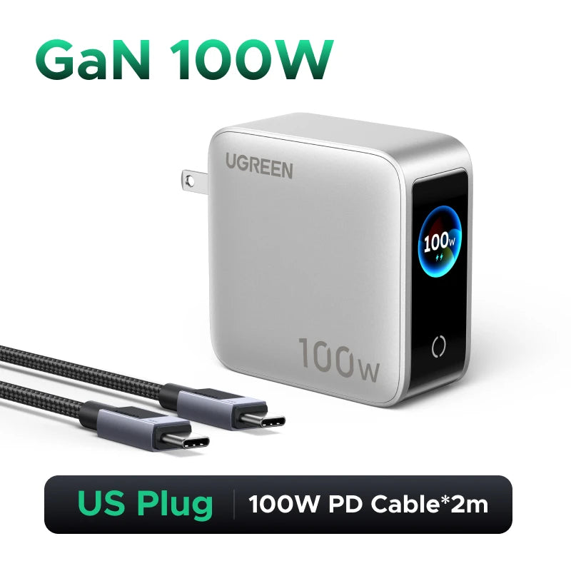 UGREEN 100W GaN Charger With Smart Display QC4.0 PD 3.0 USB C Charger For MacbookPro Laptop iPhone 18 17 Pro iPad Tablet Samsung