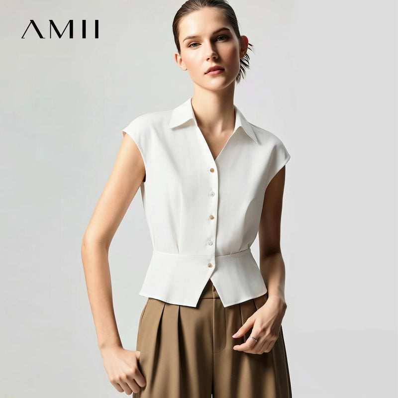 Amii Women's Blouse 2026 Summer New Lapel Collar Cap Sleeve Chiffon Top Women Stretch Office Casual Short Sleeve Shirt 12642095