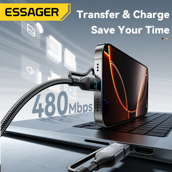 ខ្សែសាក USB Essager 4 ក្នុង 1 ប្រភេទ C 100W PD សាកលឿនសម្រាប់ iPhone Macbook iPad Xiaomi Type C Lighting Cable